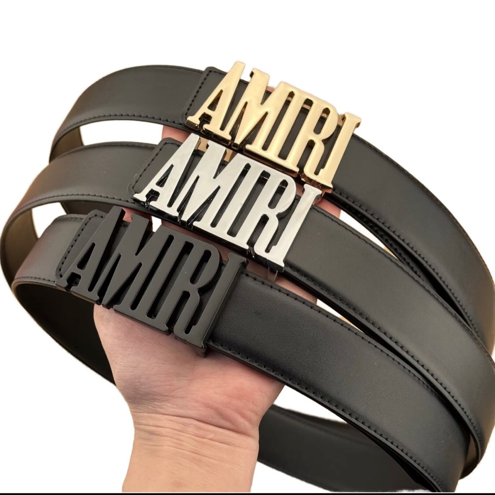 AMIRI Black Leather Belt with Gold Silver and Black Logo Buckles